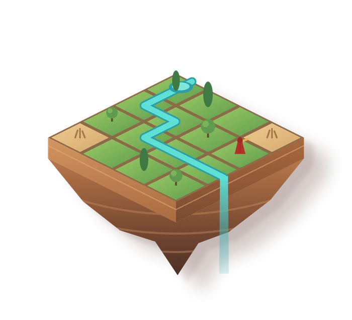 The floating island of Verdant Vale with a river running across it