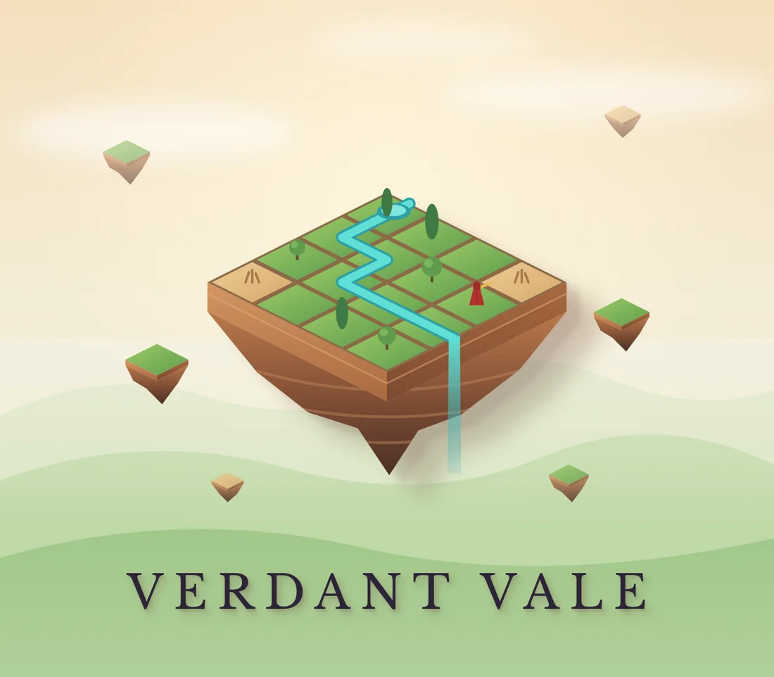 Verdant Vale: a floating island with a river flowing across green tiles and a red-cloaked traveller